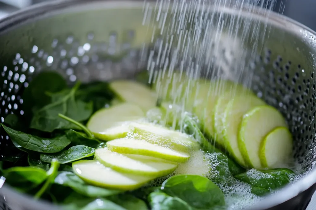 Washing spinach and apple slices under water