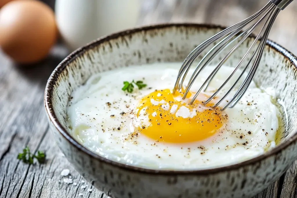 Beating eggs in a bowl with milk and seasoning before cooking