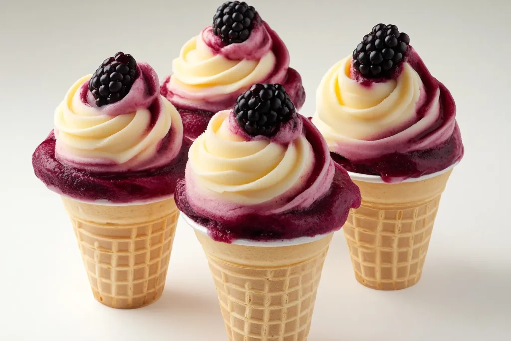 Berry swirl frozen yogurt served in cones	