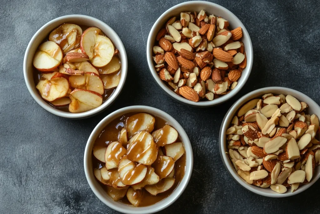 Different flavors of apple chips arranged in small bowls	