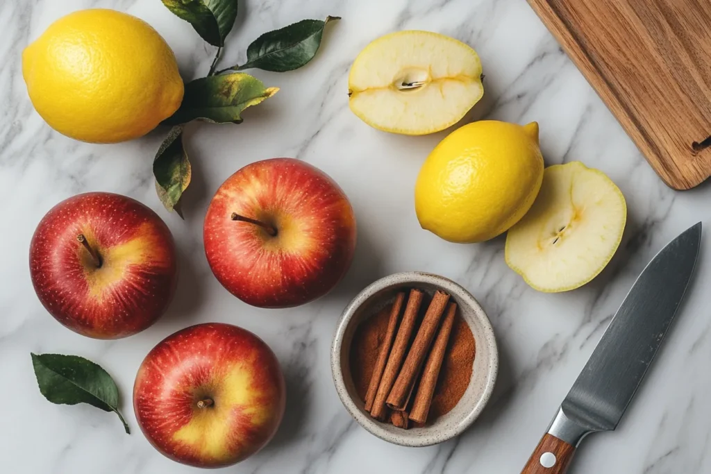 Ingredients for cinnamon apple chips laid out on a white kitchen counter	