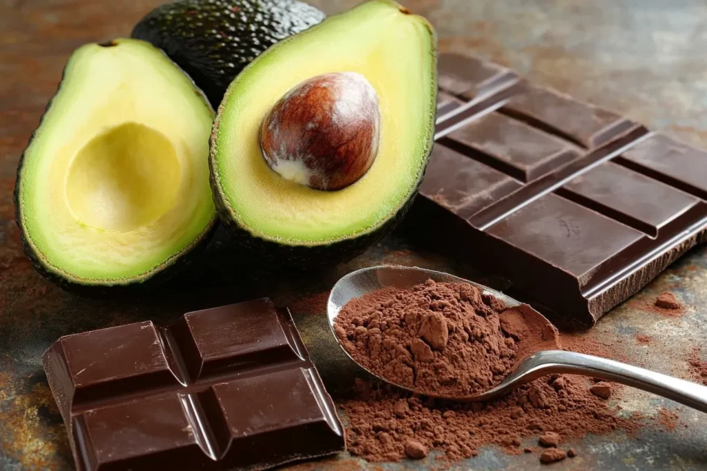 Halved avocado and dark chocolate ingredients on a kitchen counter