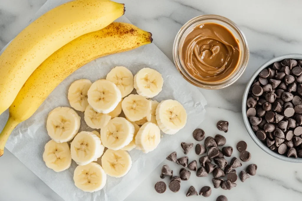 Ingredients for frozen banana bites: bananas, chocolate, nut butter