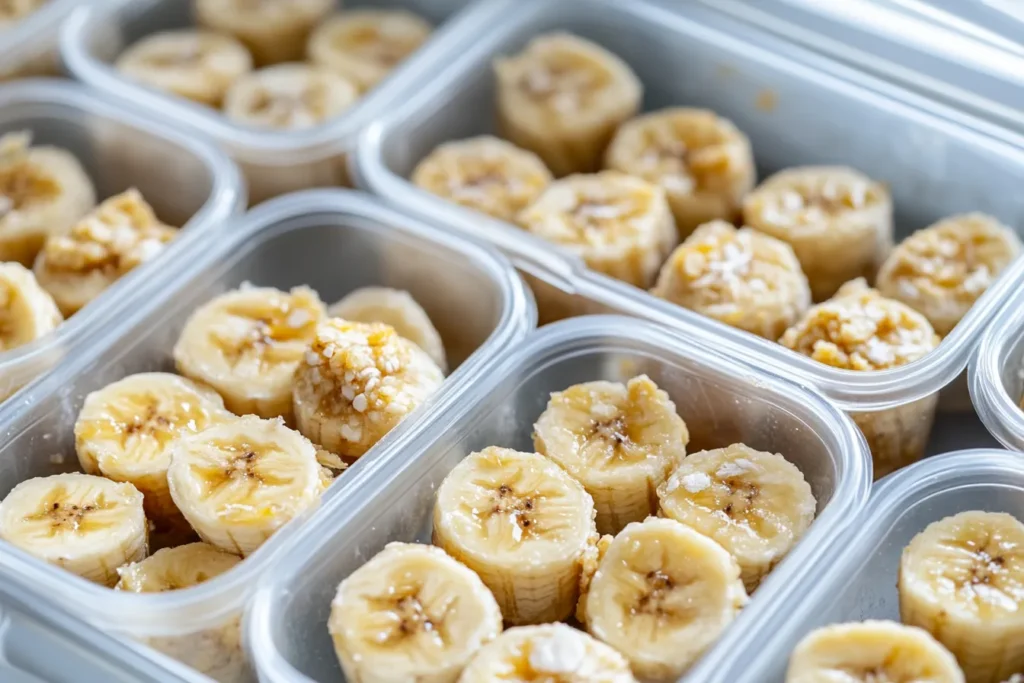 Frozen banana bites packed and labeled for meal prep