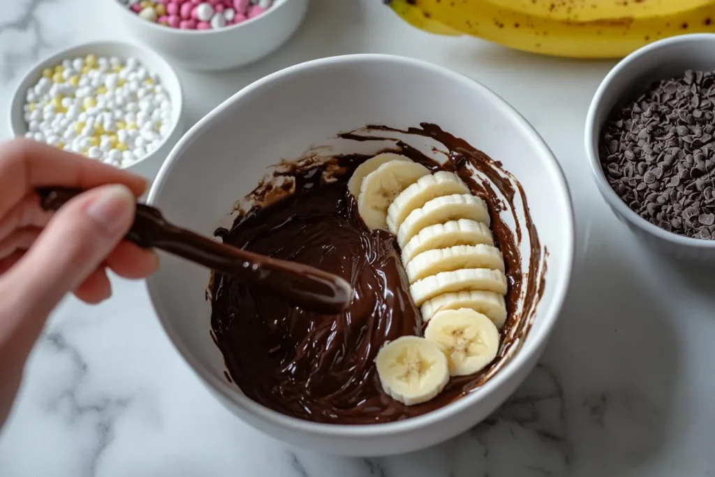 Dipping banana slices into chocolate for frozen bites
