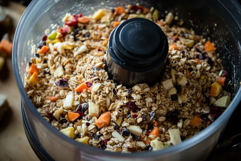 Energy bar mixture being blended until sticky and dough-like