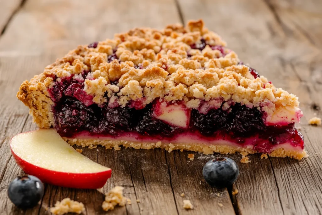 Berry and apple crumble served on a rustic plate