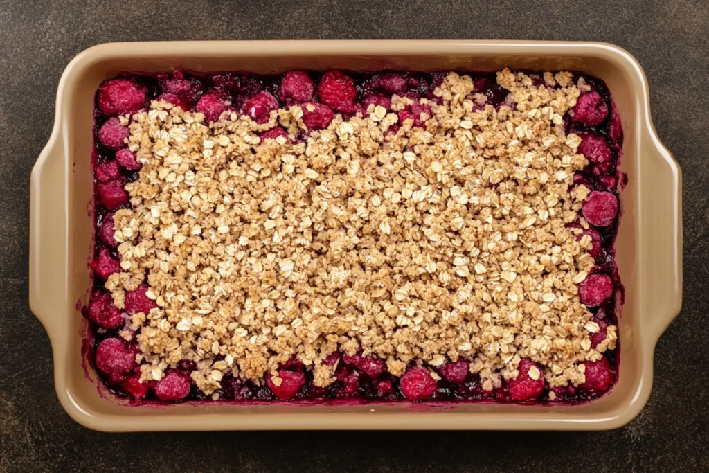 Berry crumble with oat topping ready for the oven