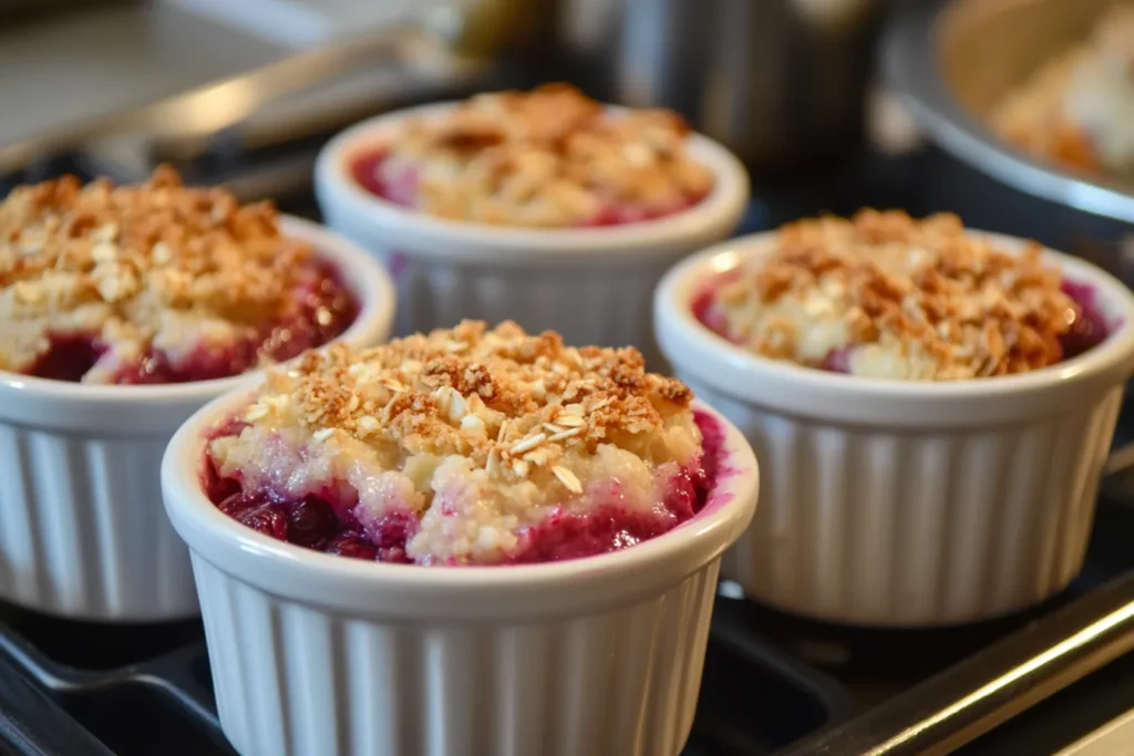 Gluten-free berry crumble with oats in individual dishes