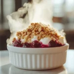 Freshly baked berry crumble with oats in a white ceramic dish
