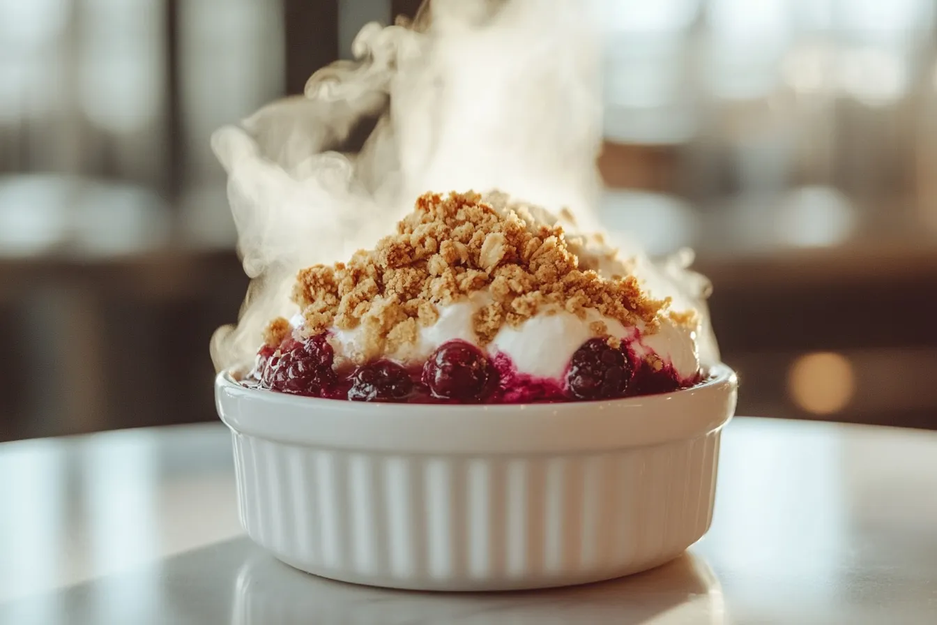 Freshly baked berry crumble with oats in a white ceramic dish