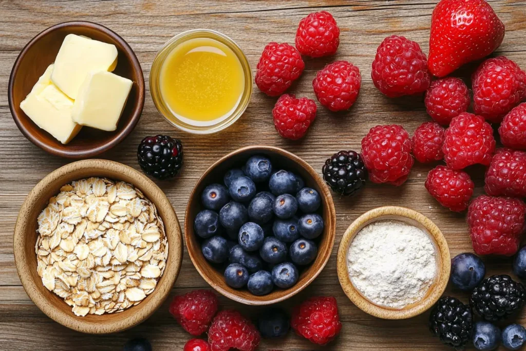 Ingredients for berry crumble with oats neatly arranged on a table
