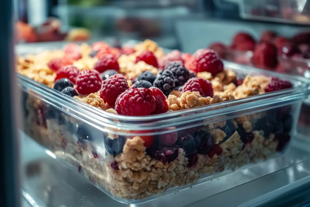 Leftover berry crumble stored in fridge container