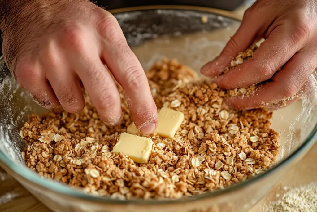 Mixing oat crumble topping by hand in a bowl