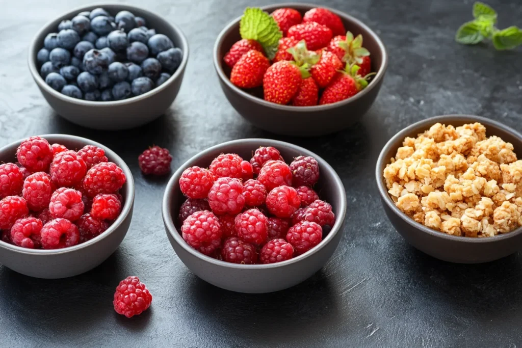 Reheated berry crumble in oven-safe dish with crisp topping