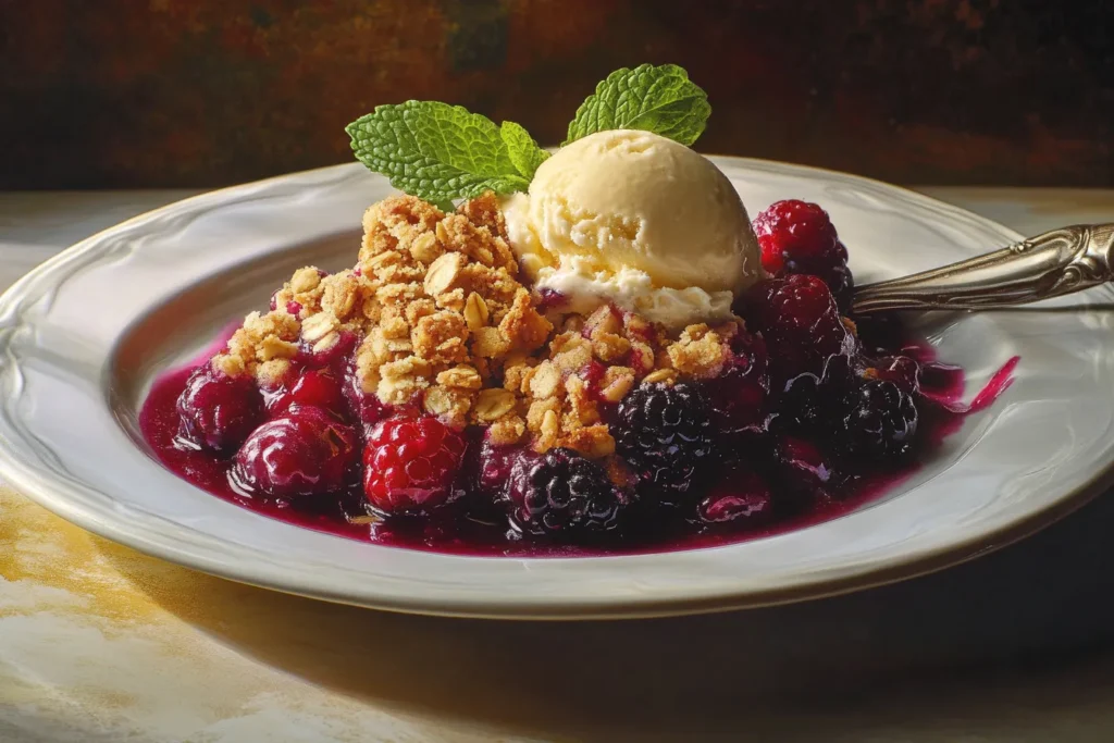 Warm berry crumble with vanilla ice cream and mint