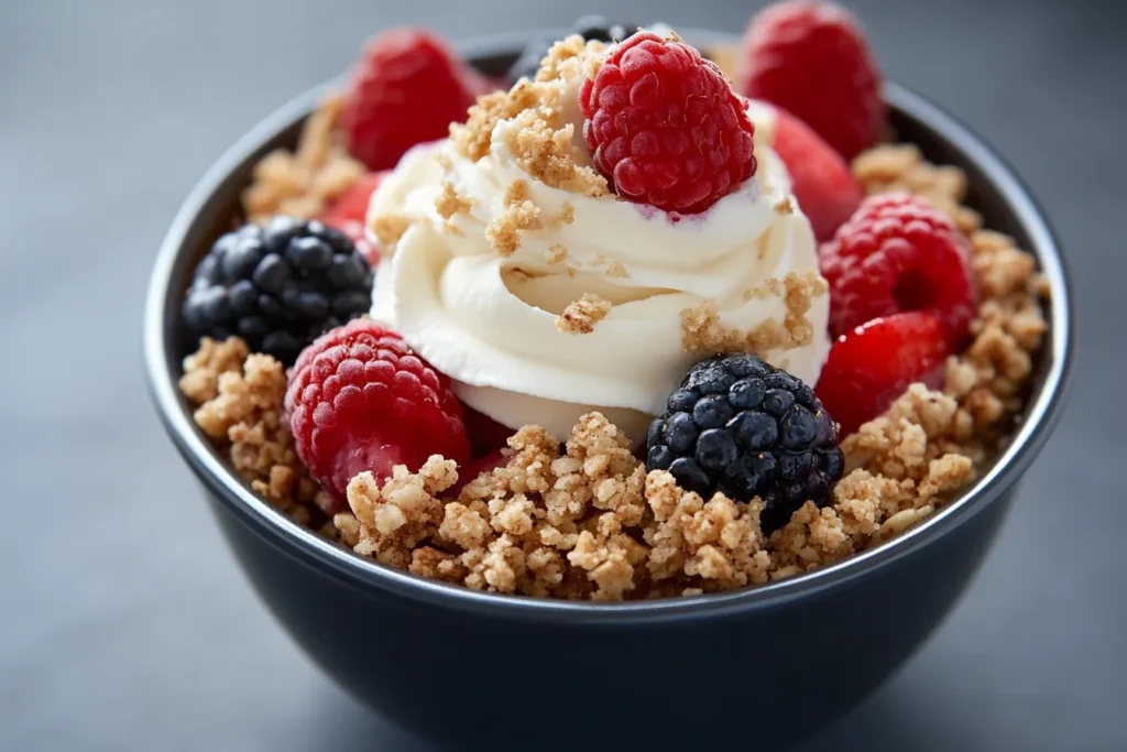 Vegan berry crumble with coconut cream topping