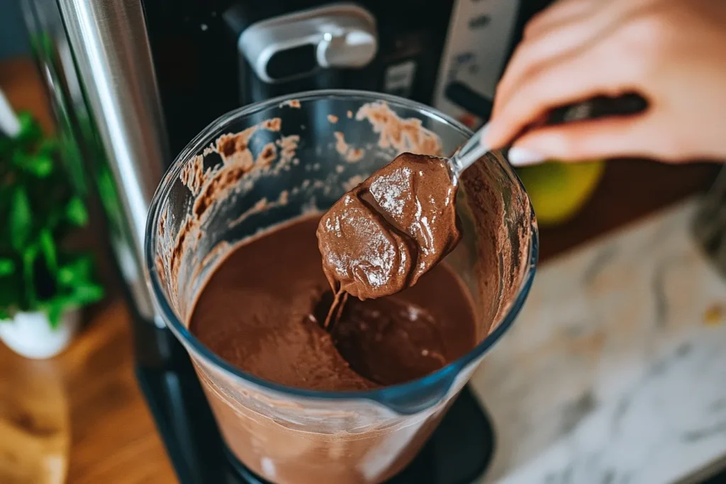 Chocolate pudding being scooped from a blender