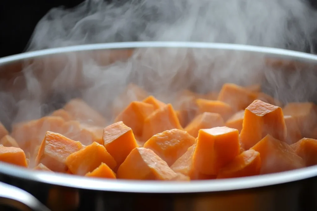 Chopped sweet potatoes cooking in a pot for the pudding base