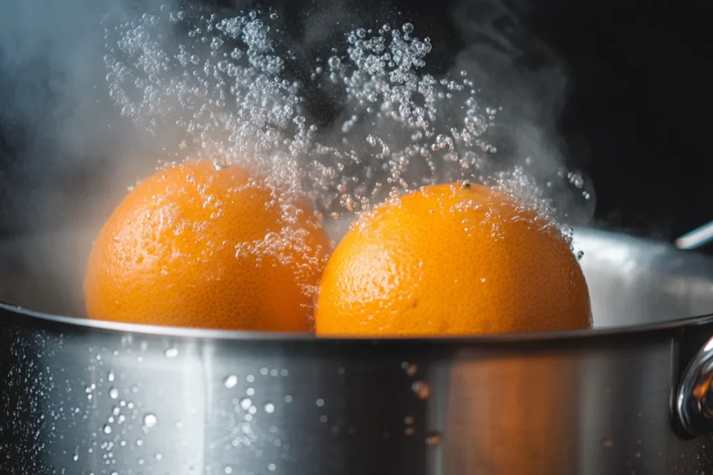 Oranges boiling in a pot for flourless orange almond cake prep	