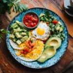 Plate of breakfast tacos with eggs, cheese, avocado, and salsa