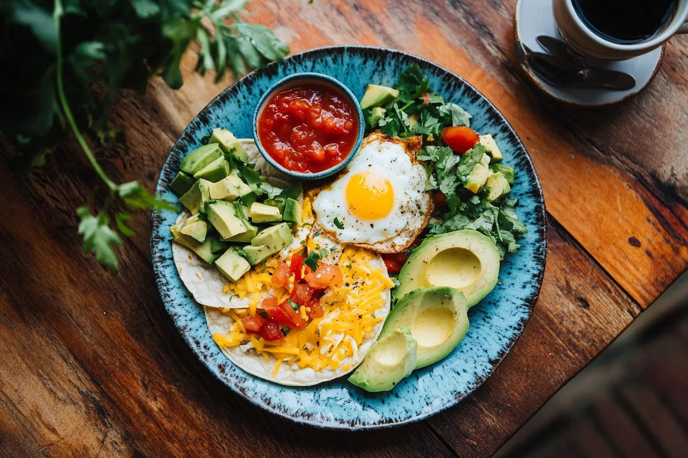 Plate of breakfast tacos with eggs, cheese, avocado, and salsa