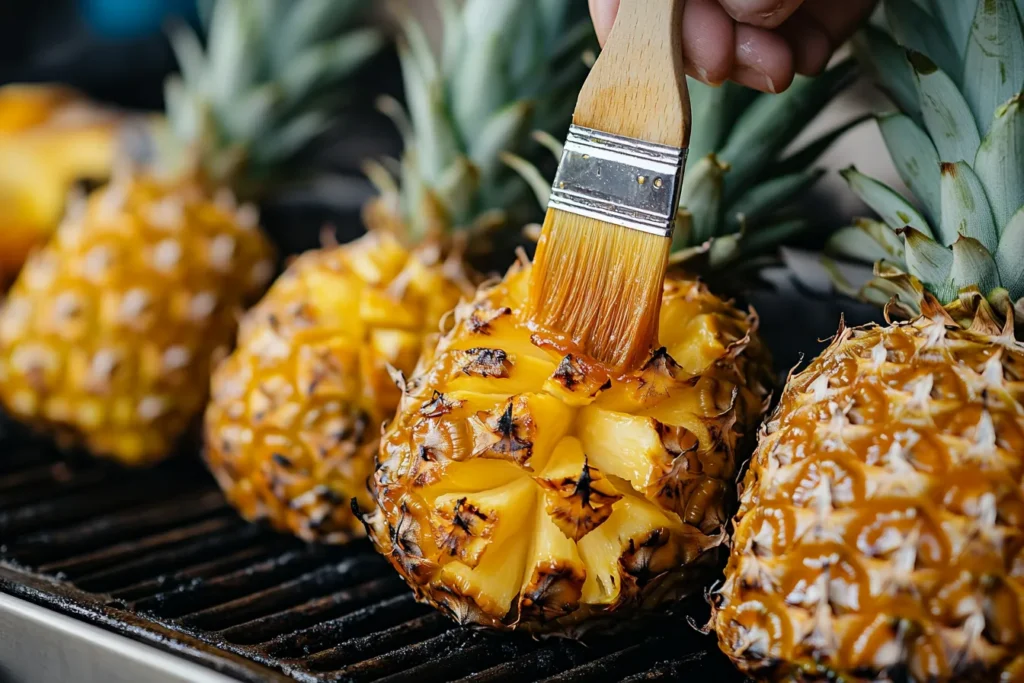 Brushing honey cinnamon glaze onto grilling pineapple rings