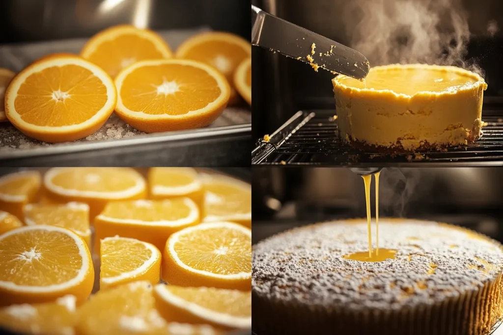 Step-by-step visual process of making flourless orange almond cake	