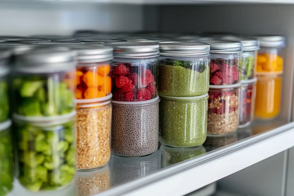 Meal prepped coconut chia pudding jars stored in the fridge