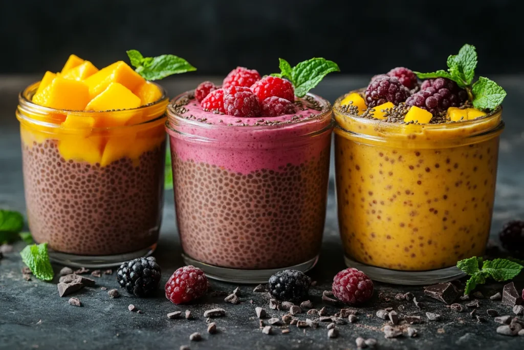 Flavor variations of coconut chia pudding: mango, chocolate, and berry