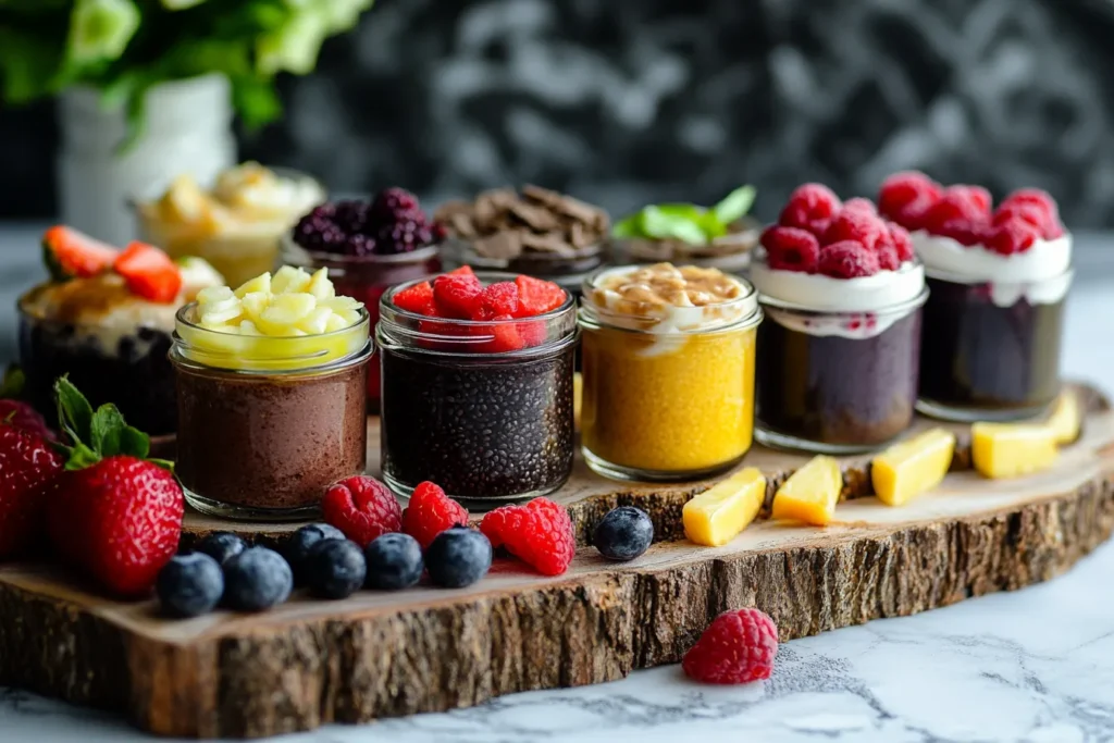 Variety of chia pudding flavors in labeled jars