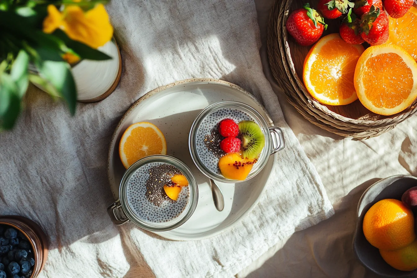 Chia pudding with fruit and seeds on a morning breakfast table