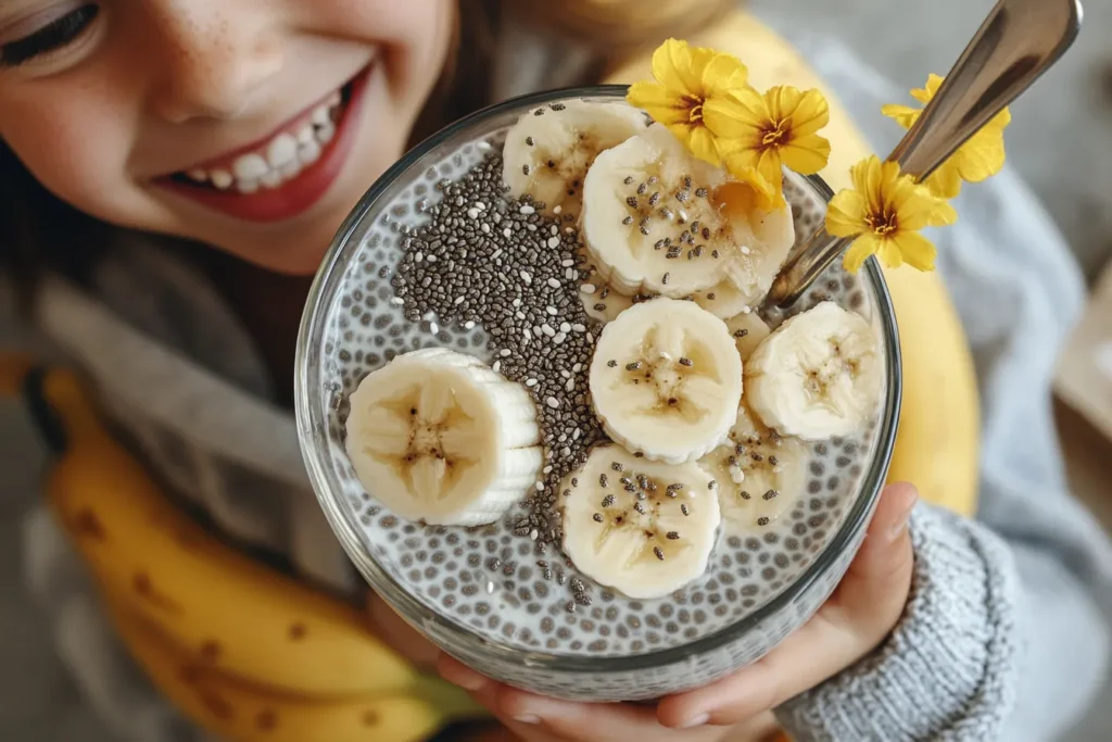 Child enjoying chia pudding with fruit and kid-friendly toppings