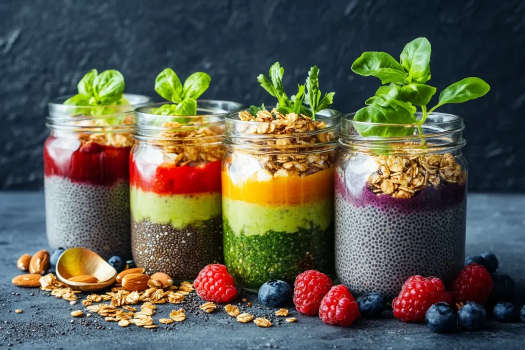 Chia pudding jars layered with fruit and granola
