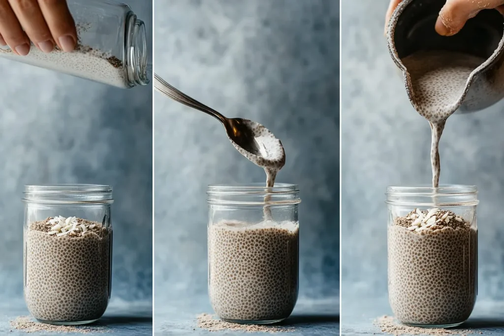 Visual steps showing how to prepare coconut chia pudding