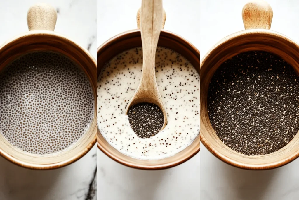 Step-by-step images of making chia pudding in a jar
