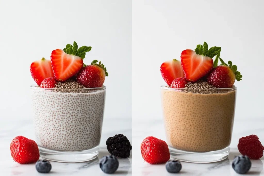 Different chia pudding textures with labels showing common mistakes