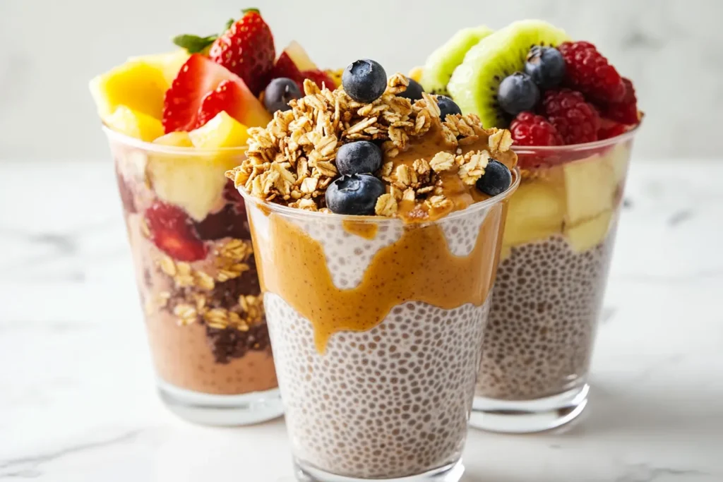 Coconut chia pudding topped with fruit, nuts, and granola