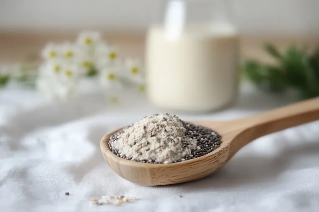 Dry chia seeds on a spoon with milk in the background