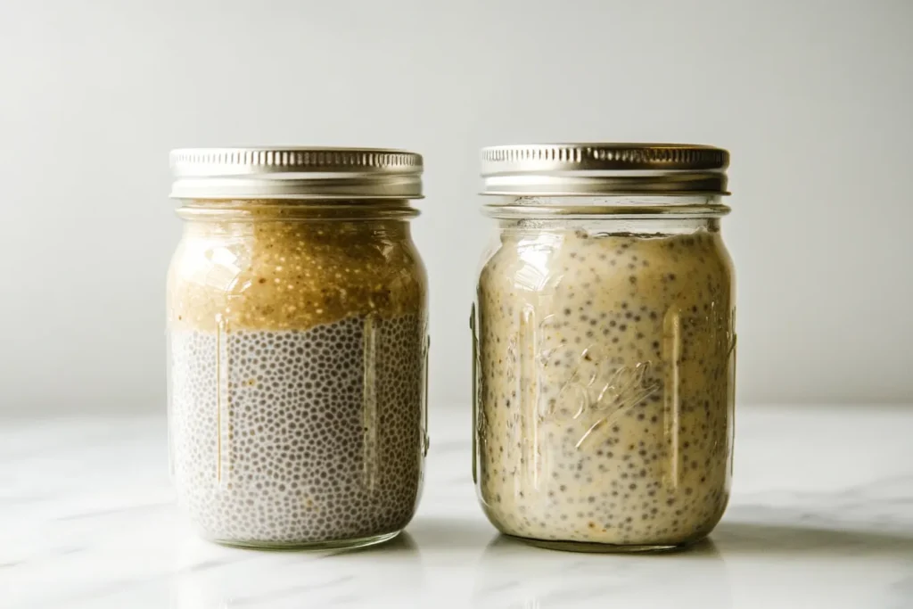 Chia pudding and overnight oats side-by-side in clear jars