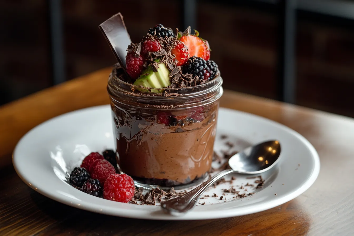 Dark chocolate avocado mousse topped with berries and shavings