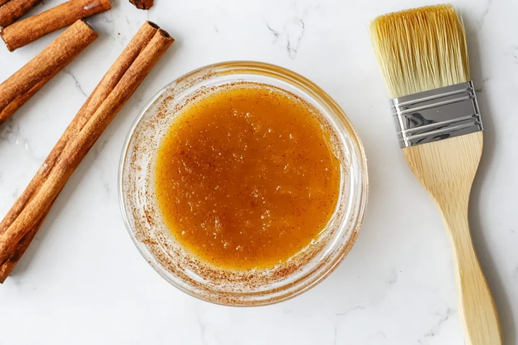 Homemade cinnamon and honey glaze ready to brush on pineapple