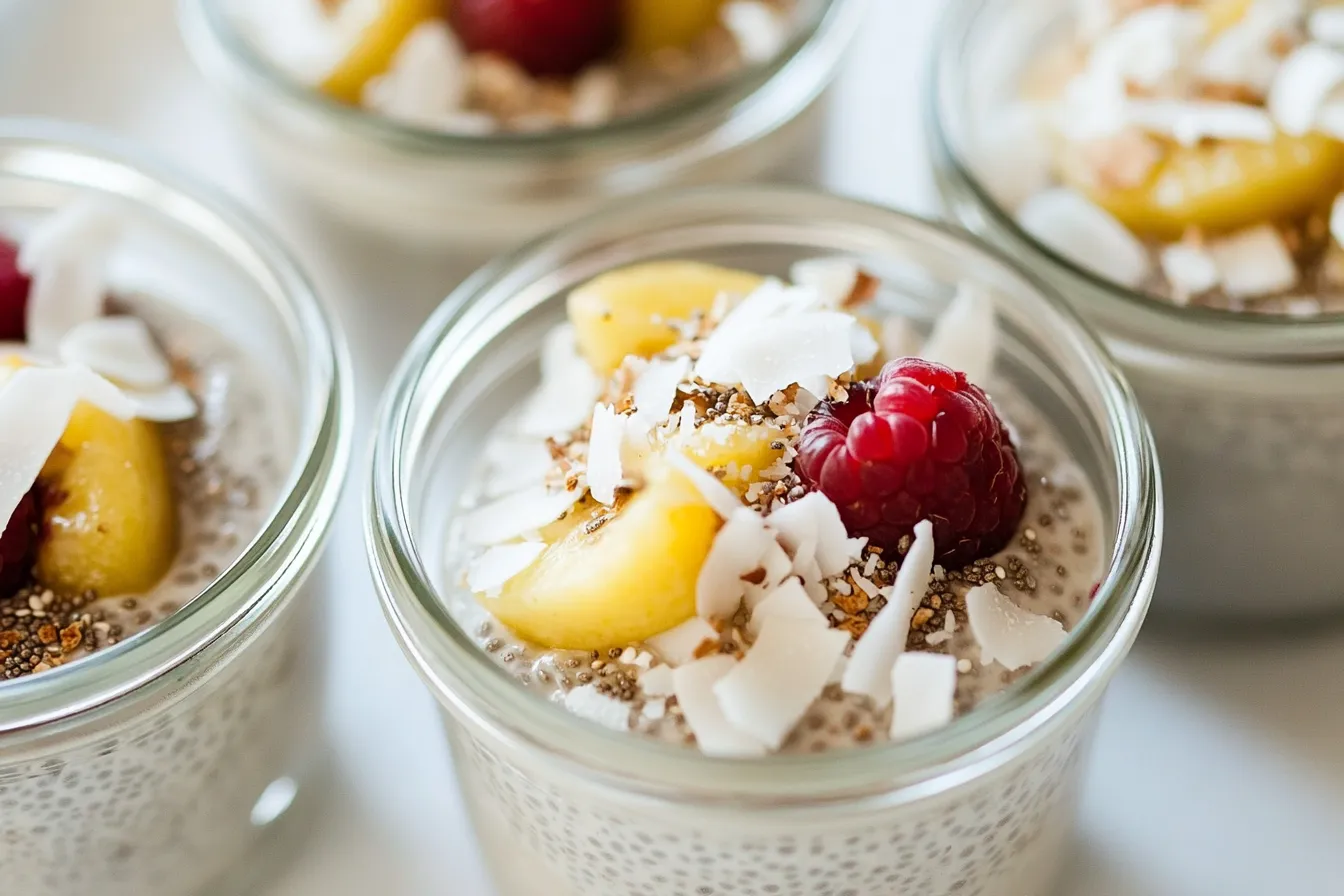 Coconut chia pudding topped with berries and coconut on a breakfast table