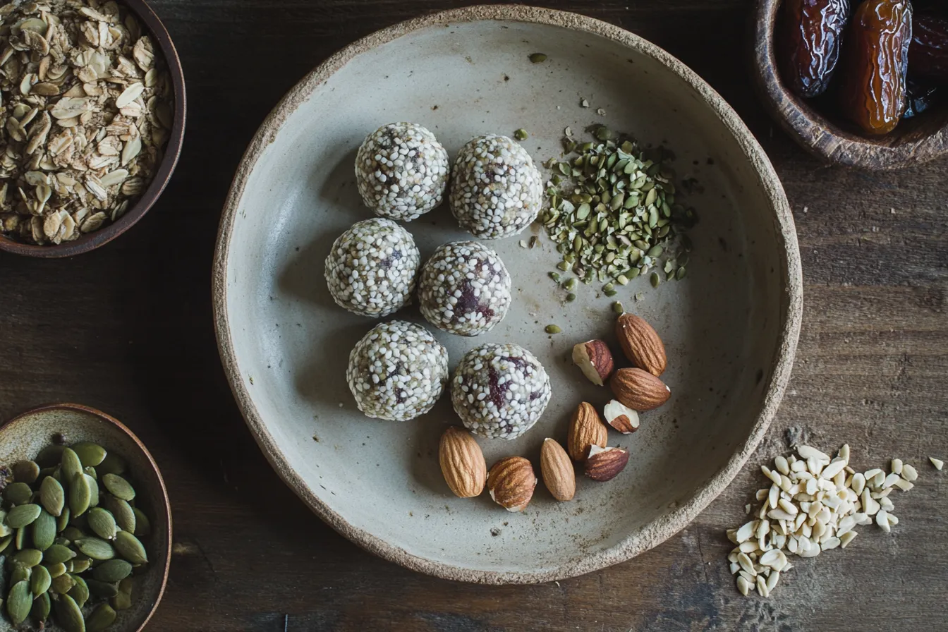 A plate of homemade date & nut energy balls surrounded by raw ingredients