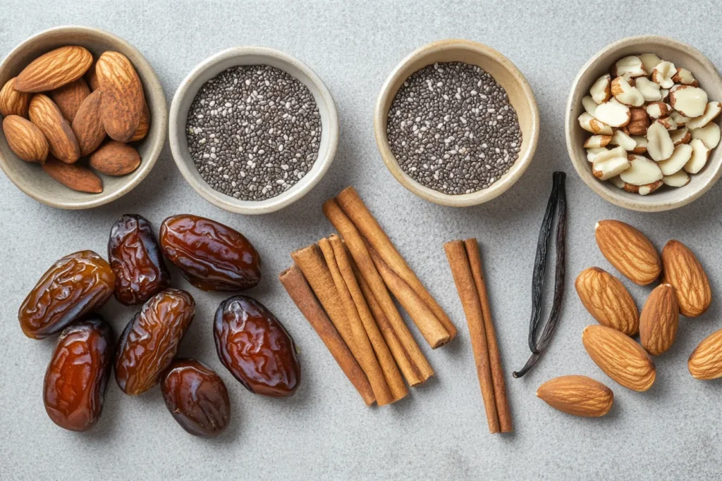 Basic ingredients used to make date & nut energy balls	