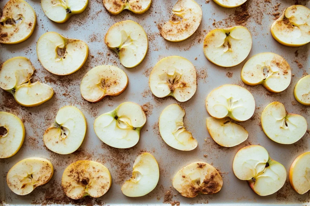 Apple slices being dried in a dehydrator with cinnamon on top	