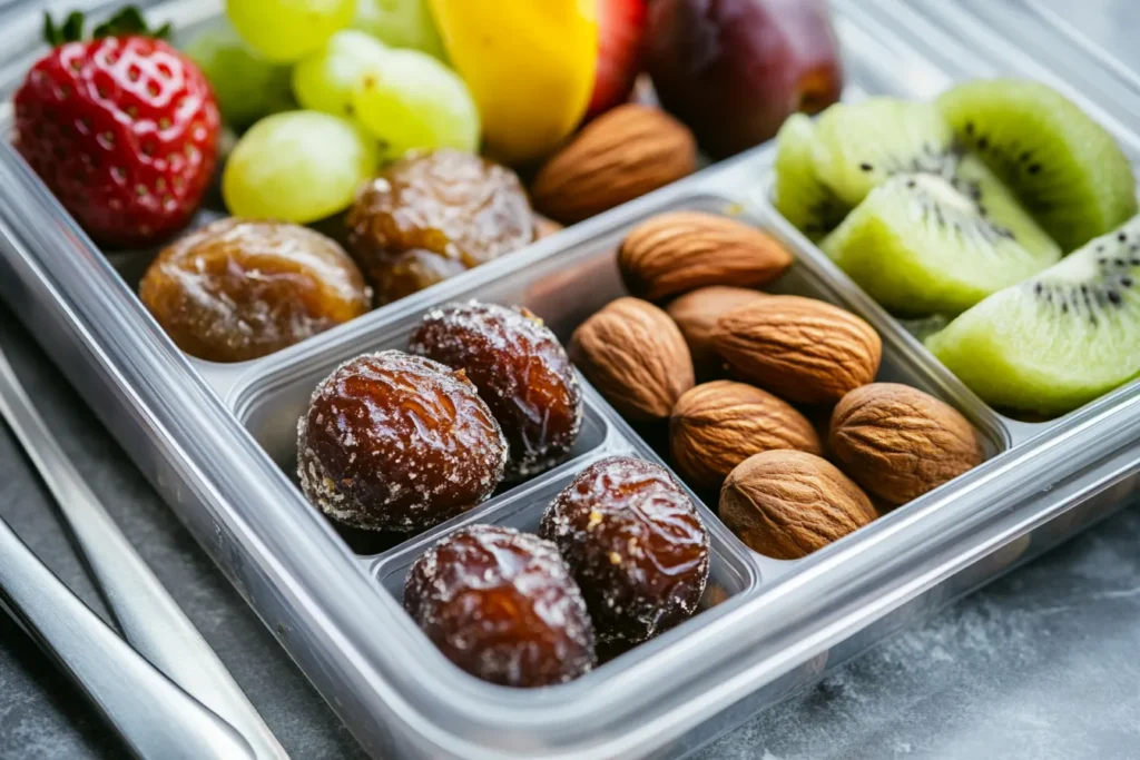 Date and nut energy balls packed in a lunchbox for school or work	