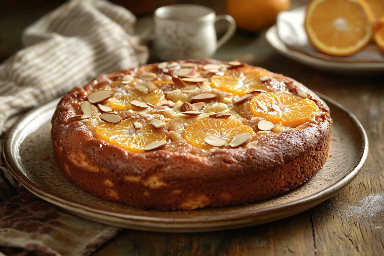 Whole flourless orange almond cake with orange slices and almond topping