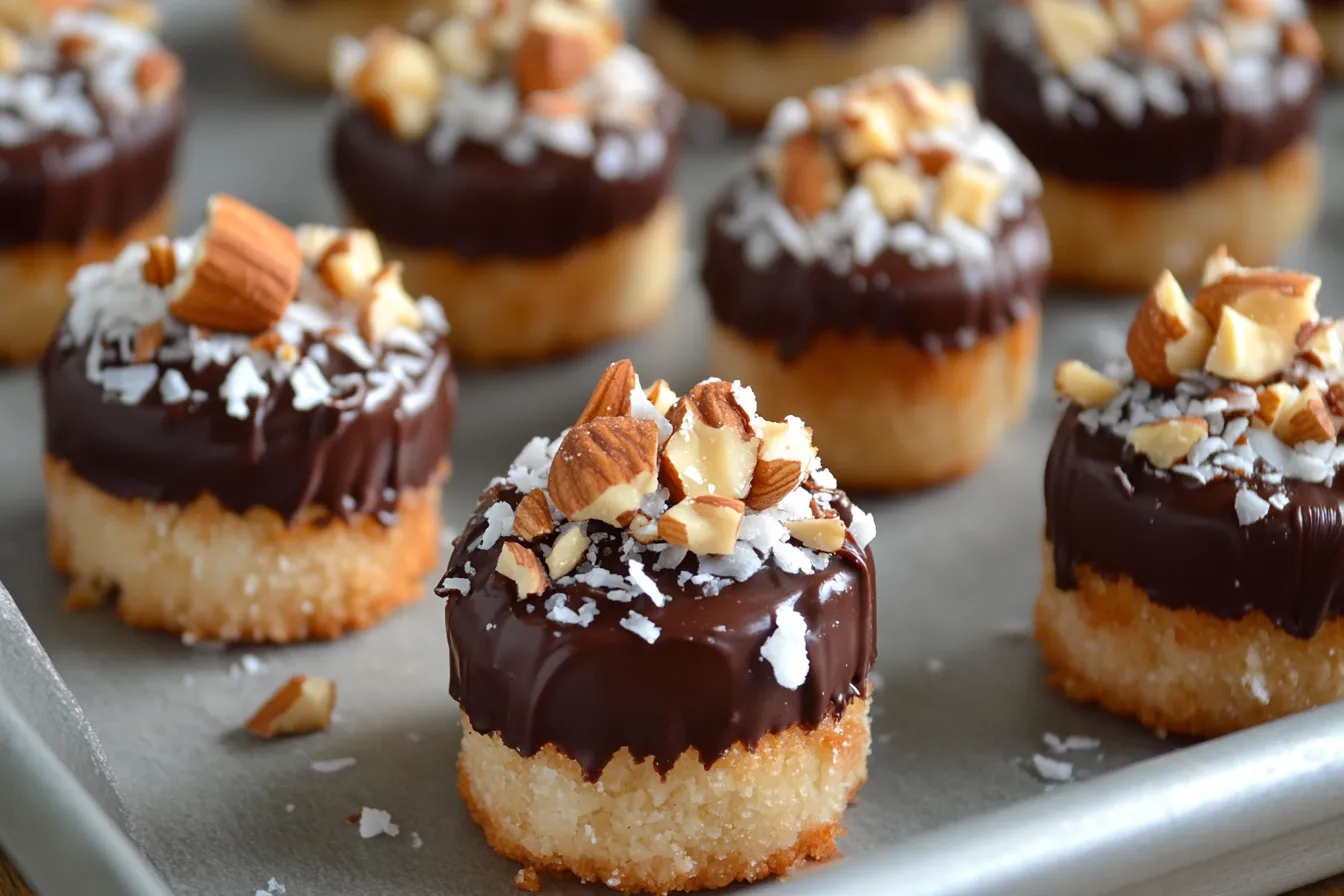 Chocolate-covered frozen banana bites with toppings on a tray