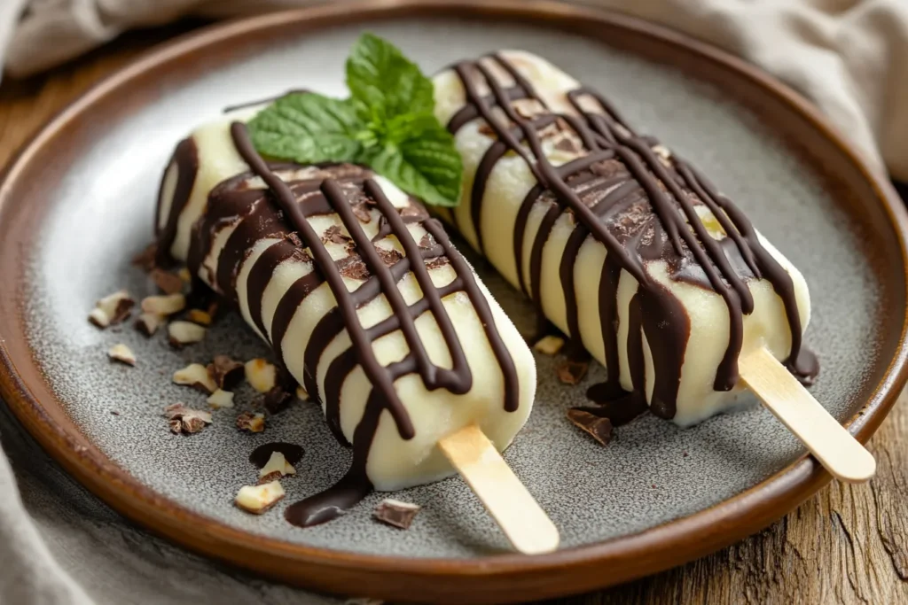 Frozen sweet potato chocolate pudding pops drizzled with chocolate